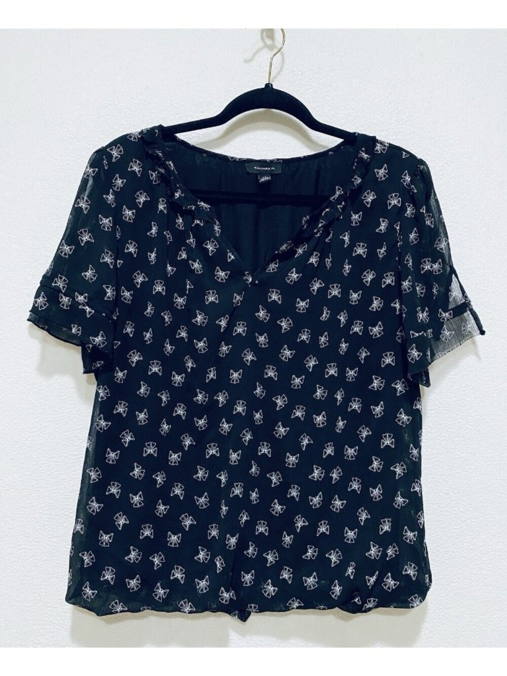 Tamara H Top Womens Large Black Bow Print Chiffon Cottagecore Whimsigoth Boho